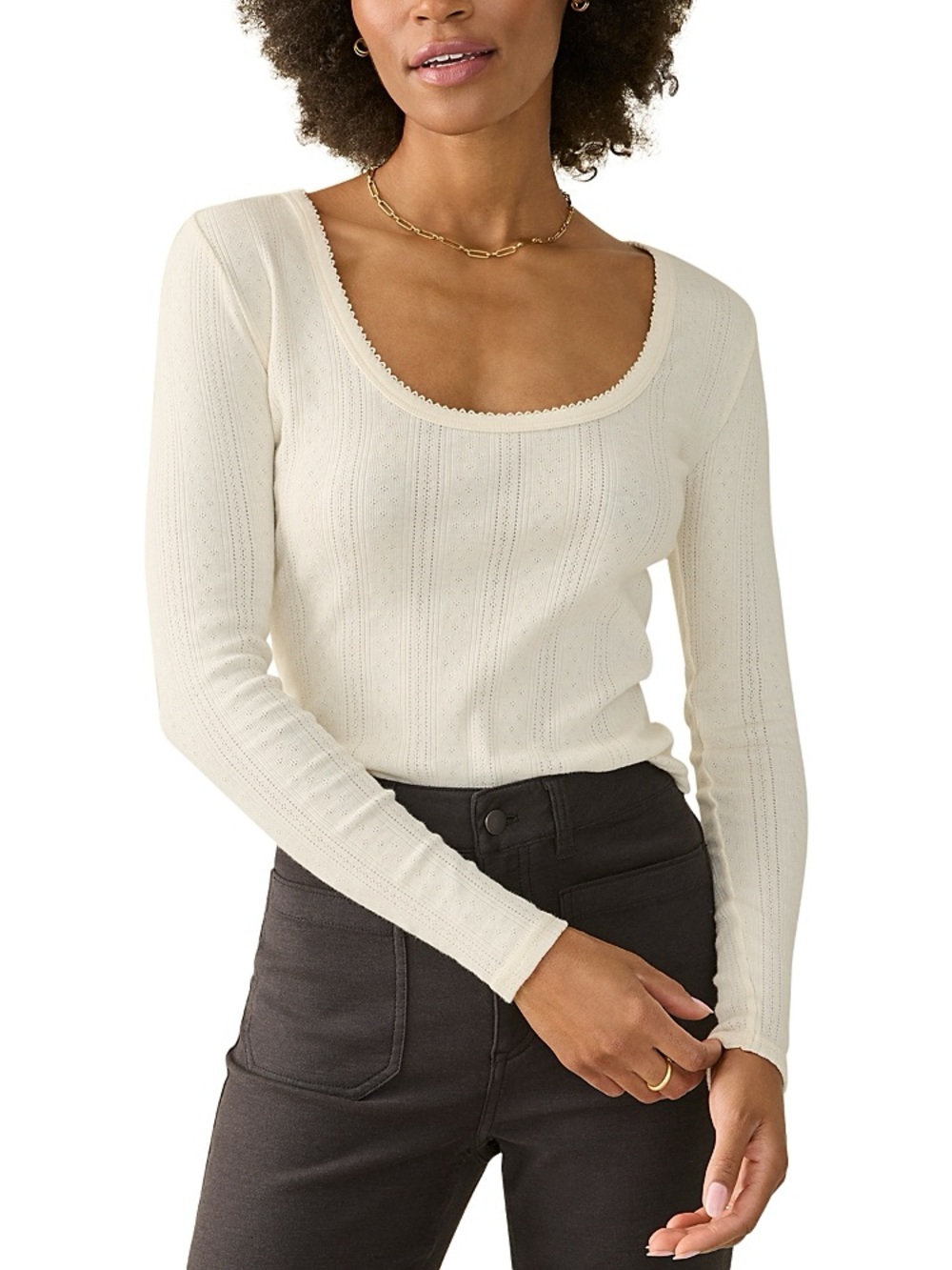 Faherty Pacific Pointelle Scoop Neck Top Large White Organic Cotton Long Sleeve